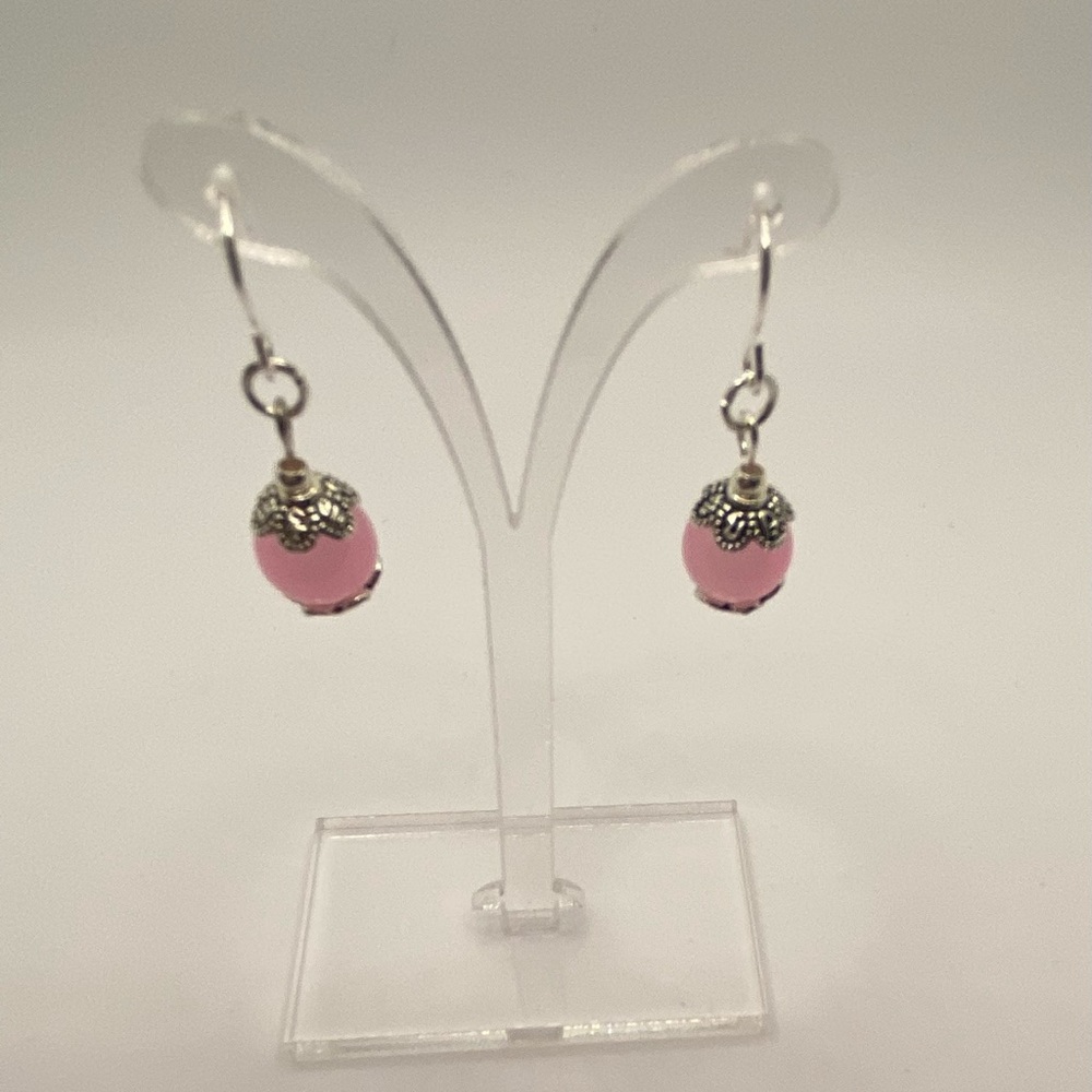 Silver Flower with 8mm Pink Marble | Light Weight Earrings | Simple Earrings
